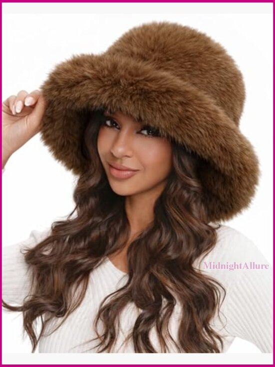 Oversized Faux Fur Bucket Hat, Plush Winter Style, Adjustable Drawstring